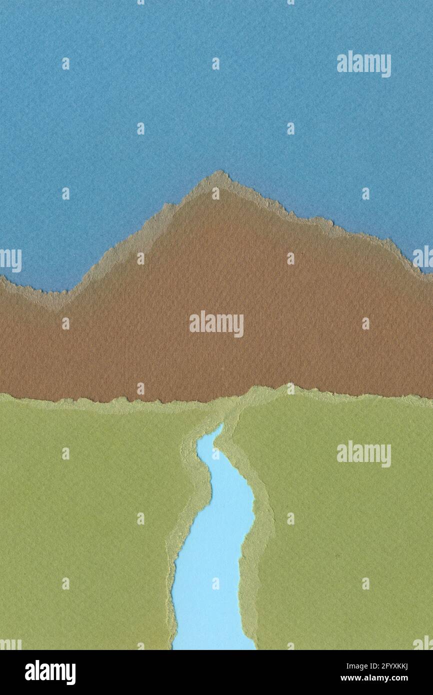 Collage paysage papier déchiré. Rivière traversant un pré et une montagne lointaine sous un ciel bleu. Banque D'Images