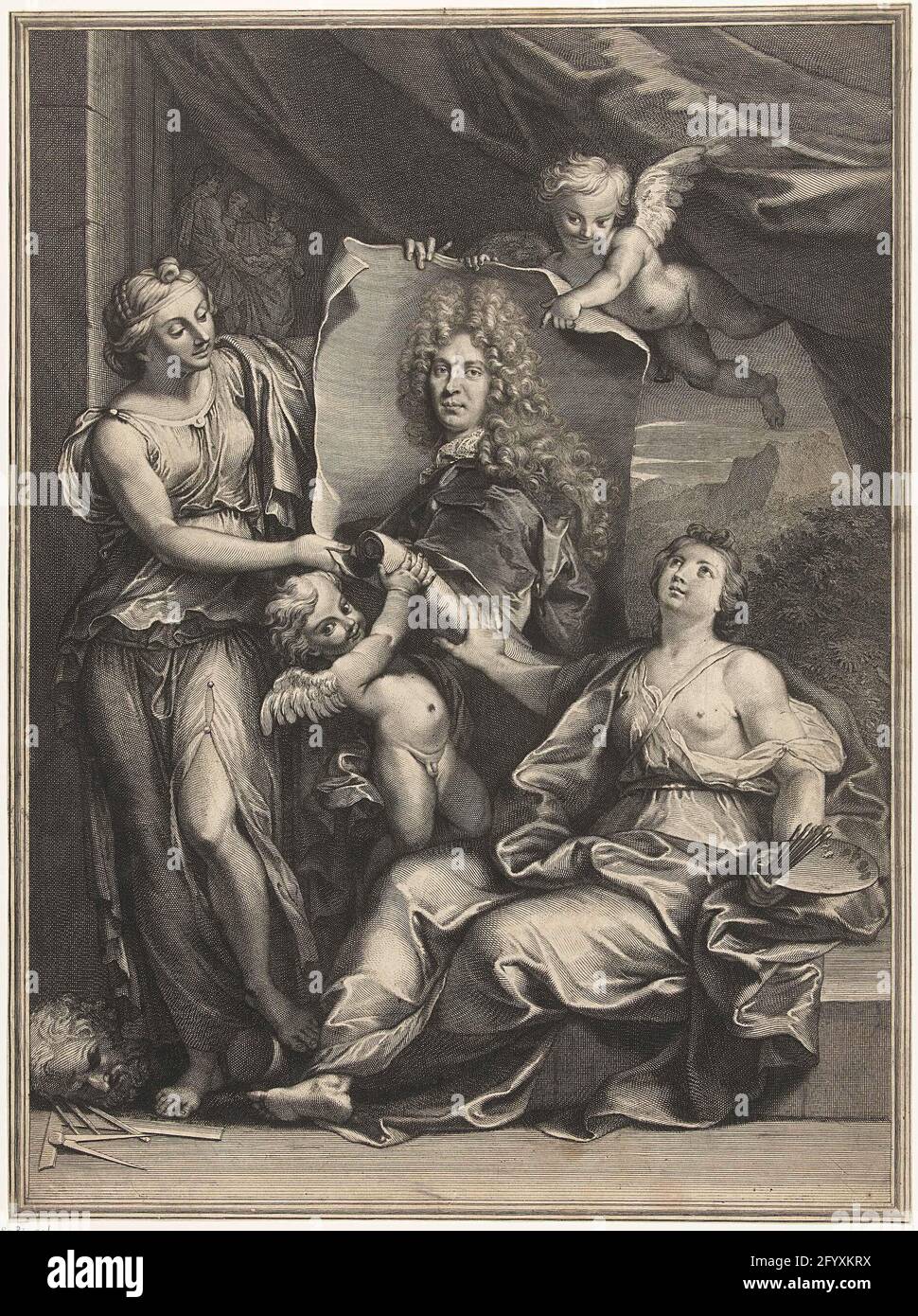 Portrait de Pierre Vincent Bertin. Deux femmes comme la peinture des personnifications et la sculpture roulent avec deux putti un portrait de Pierre Vincent Bertin (1653-1711). Banque D'Images