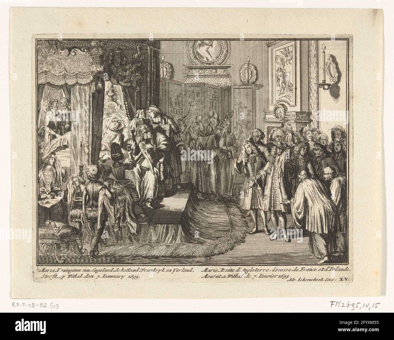 Koningin Maria deathbed ; 1695 ; Maria, reine d'Angleterre, Écosse, Vrankryk et Yerland meurent, sur une salle blanche, le 7. Jannary 1695; la goélette d'Angleterre, imaginant le mémorable et ostral Angleterre, Yerland, Vrankryk et les pays-Bas est arrivé, réservé 't an 1692, à l'enterrement de la reine Maria le deuxième, 1695. Le lit de mort de Koning Maria II Stuart, 7 janvier 1695. La chambre de la reine à whitehall avec la reine dans le lit entouré par la famille, les médecins, le pasteur et les membres du tribunal. Plaque no XV de la série « spéterous de l'Angleterre » sur les guerres nourries par Willem III dans les années 1691-1695 Banque D'Images