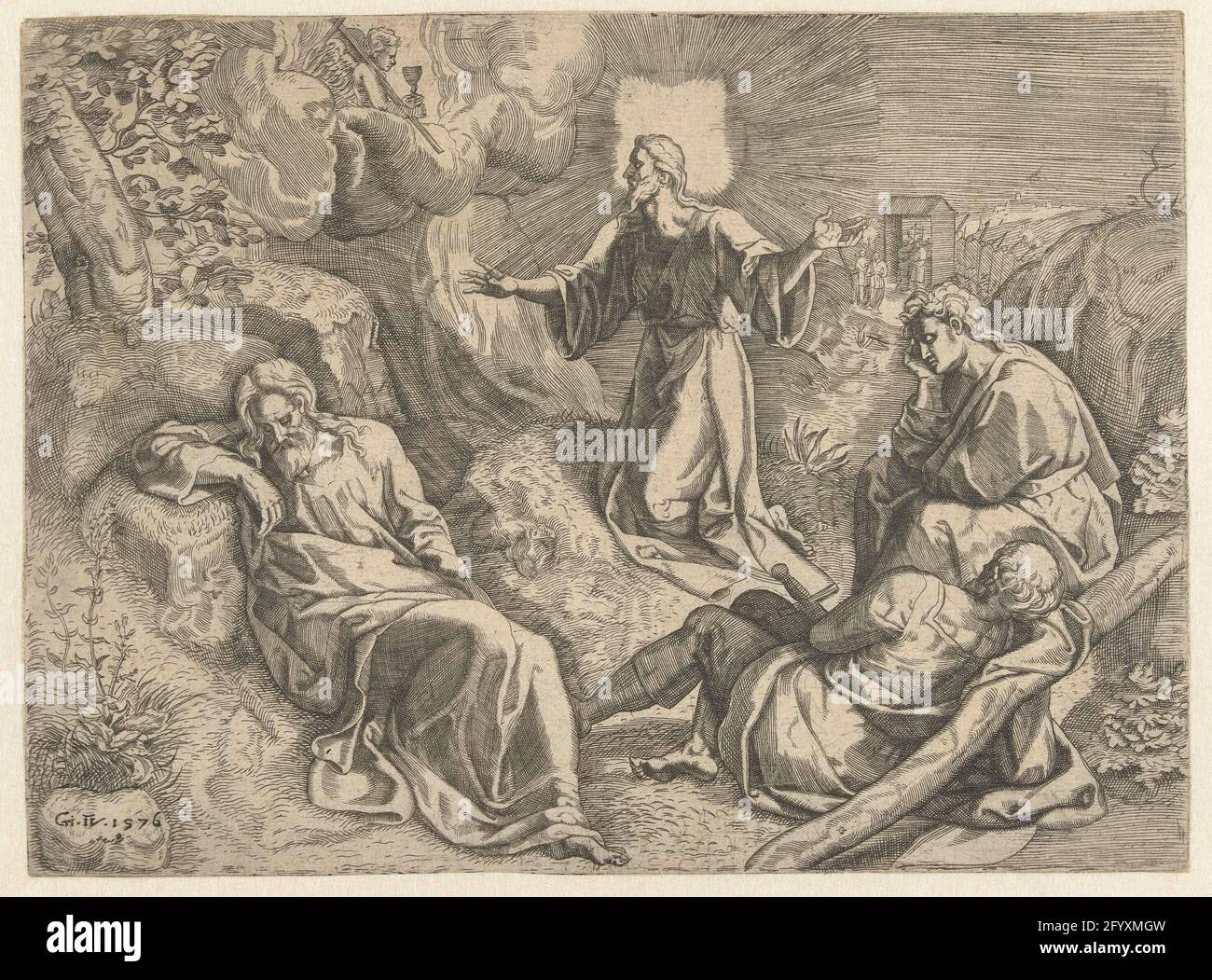Christ dans Hof van Gethsemane. Christ dans Getsemane sur l'olivier prie pour le pouvoir tandis qu'un ange apparaît. Petrus, James et Johannes sont au premier plan. Banque D'Images