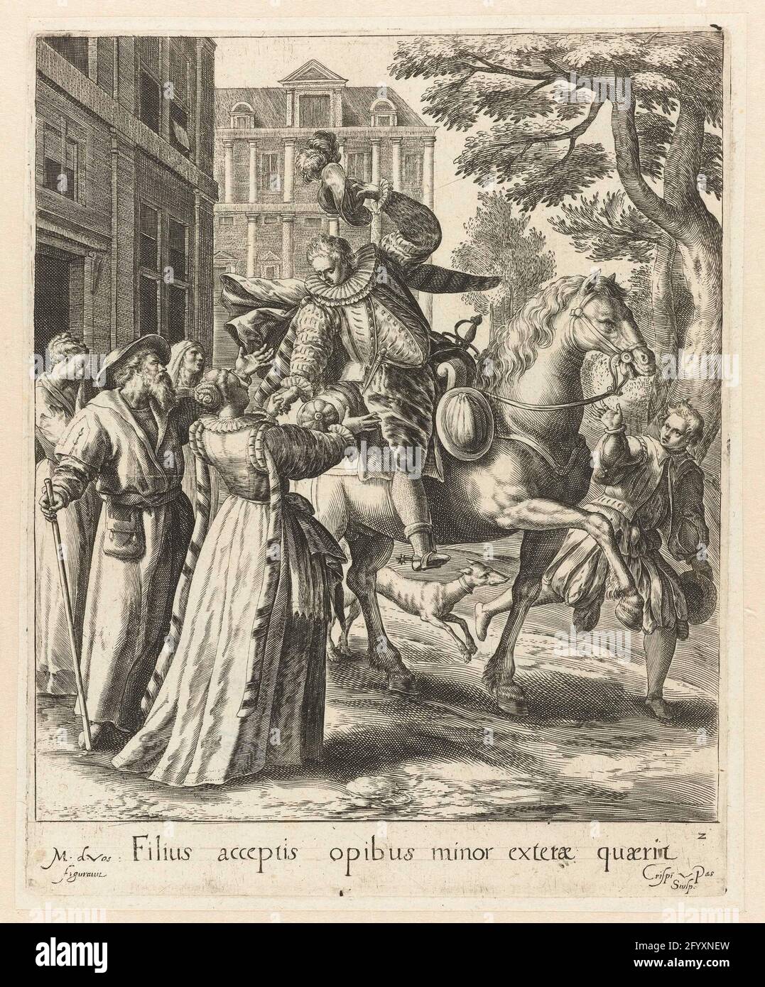 Le fils perdu quitte sa maison parentale; parabole du fils perdu. Le plus jeune fils dit Au revoir à sa famille et quitte la maison parentale. Dans la marge une légende en latin. Banque D'Images