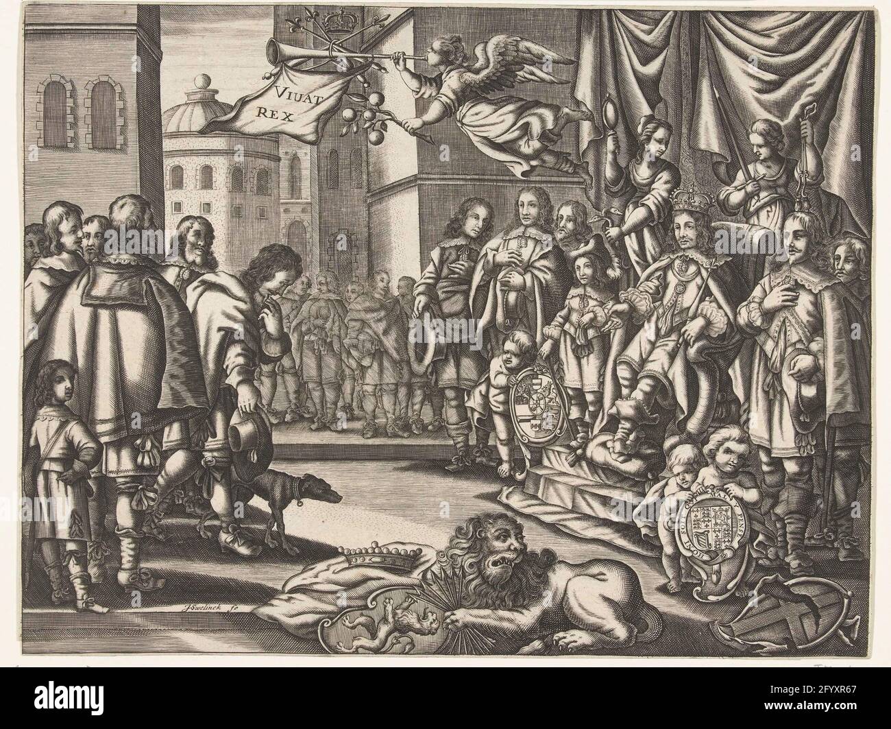 Roi Karel II avec l'appui de la République sur le trône d'Angleterre, 1660. Karel II, roi d'Angleterre assis sur le trône, 1660. À droite, le roi sur son trône entouré de conseillers, des personnifications de la prudence vertu et de la justice, à ses pieds putti avec les bras du prince d'orange et anglais stuart famille royale avec la ceinture et la devise de l'ordre des jarretières. Sur la droite au sol, les armoiries brisées de l'Angleterre. Sur le sol, le lion hollandais avec les armoiries de la Hollande et le faisceau de flèches. Dans l'air la renommée avec une branche orange et soufflant sur une trompette sur laquelle est vivat re Banque D'Images