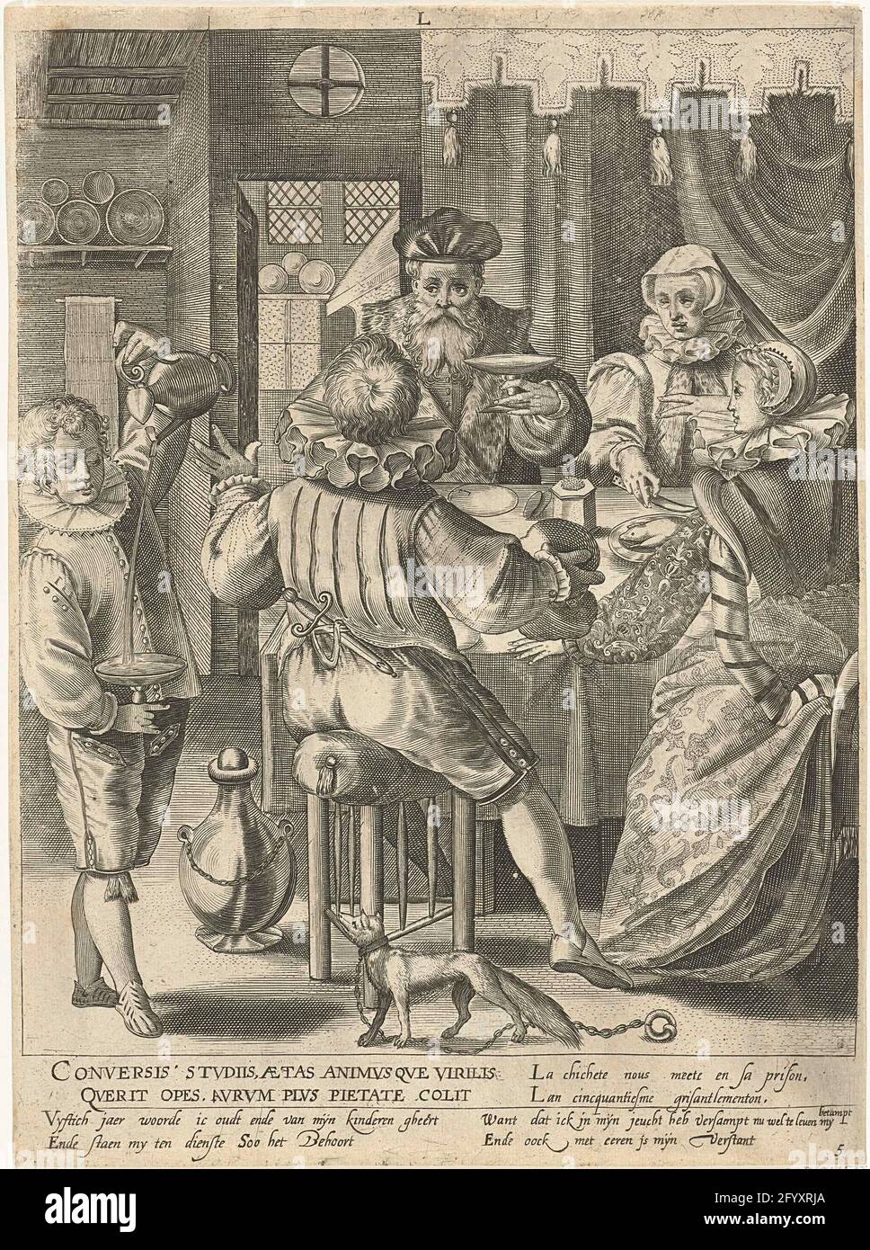 Cinquième phase de vie de cinquante ans avec un homme plus âgé avec une femme et des enfants à la table; l; dix phases de vie. Cinquième phase de vie de cinquante ans décrite comme un homme plus âgé avec une femme et des enfants à la table. Dans la marge entre les textes en latin, français et néerlandais. Seul le texte néerlandais concerne la performance. Banque D'Images