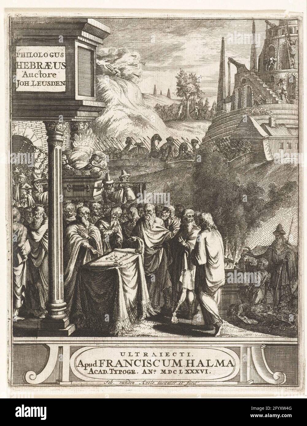 Compilation de scènes de l'histoire juive; page de titre pour Johannes  Leusden, Philologus Hebraeus, Utrecht, 1686. Différentes scènes de  l'histoire juive sont combinées. Étant de voir la chute d'Adam et d'Eva, le