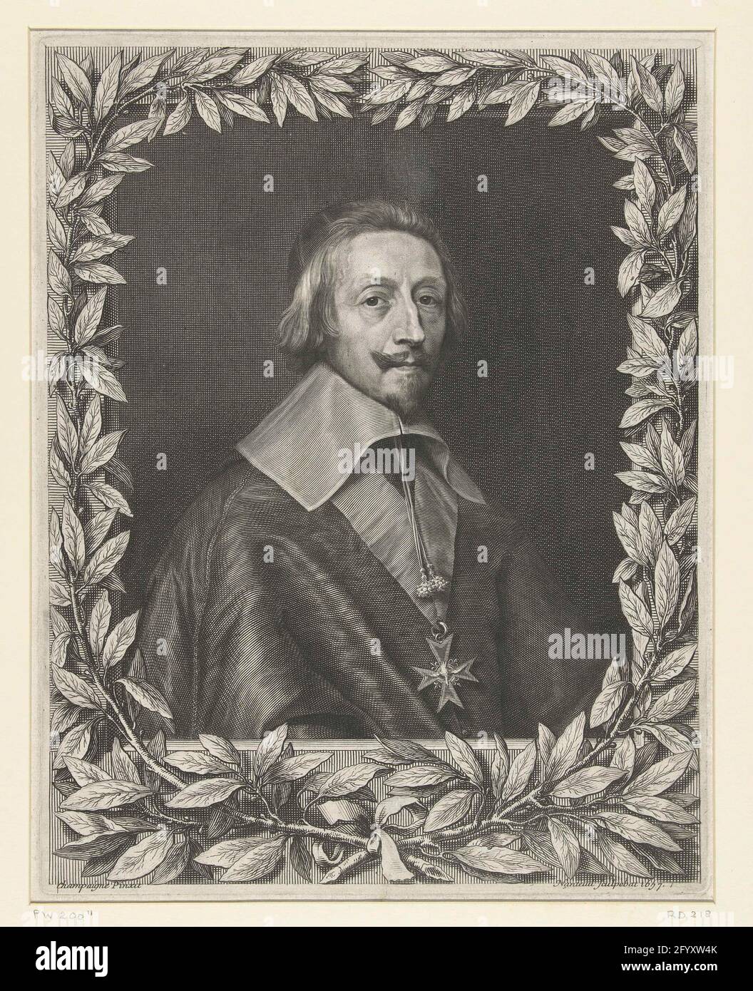 Portrait d'Armand-Jean du Plessis. Portrait du Cardinal Armand-Jean du Plessis, duc de Richelieu, avec l'insigne de l'ordre du Saint-Esprit (Saint-Esprit). Portrait encadré de deux feuilles de baie. Banque D'Images