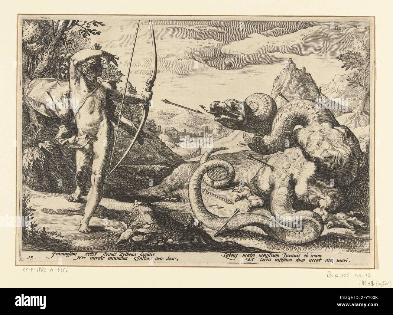 Apollon tue le tuyau géant Python; les métamorphies d'Ovidius. Apollo tue  le tuyau géant Python avec de nombreuses flèches (ici plus comme un dragon,  avec des jambes). Sous l'affichage deux fois deux