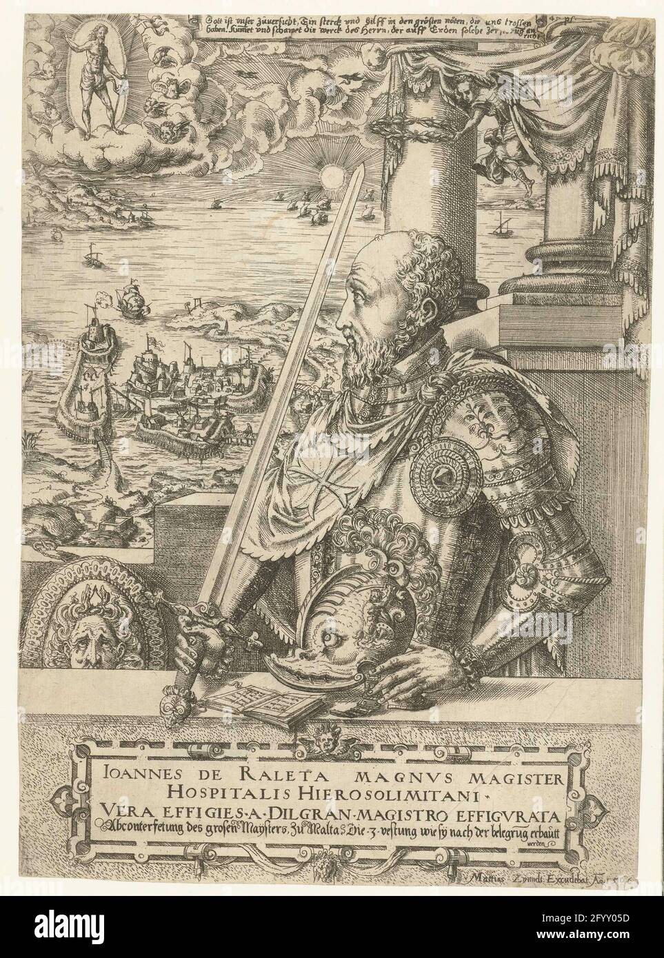 Portrait de Jean Parisot de la Valette, grand-maître des chevaliers Maltheser. Ce portrait de Jean Parisot de la Valette rend hommage à ce grand-maître des Chevaliers Maltheser. Portrait en deux avec armure debout derrière une balustrade. Un ange tient une couronne de Laurier au-dessus de sa tête. En 1565, Valetta a défendu avec succès Malte pour une attaque des Turcs. En 1566, il a immédiatement commencé la construction de renforts sur Malte et ces activités sont présentées sur la presse. Le regard de la dépeint est dirigé vers le ciel au-dessus du paysage où Christ apparaît comme un Salvator Mundi dans une couronne de rayon. Ci-dessus Banque D'Images