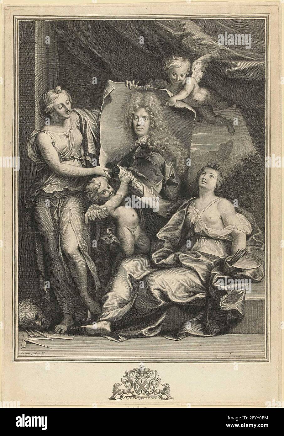 Portrait de Pierre Vincent Bertin. Deux femmes comme la peinture des personnifications et la sculpture roulent avec deux putti un portrait de Pierre Vincent Bertin de (1653-1711). Banque D'Images