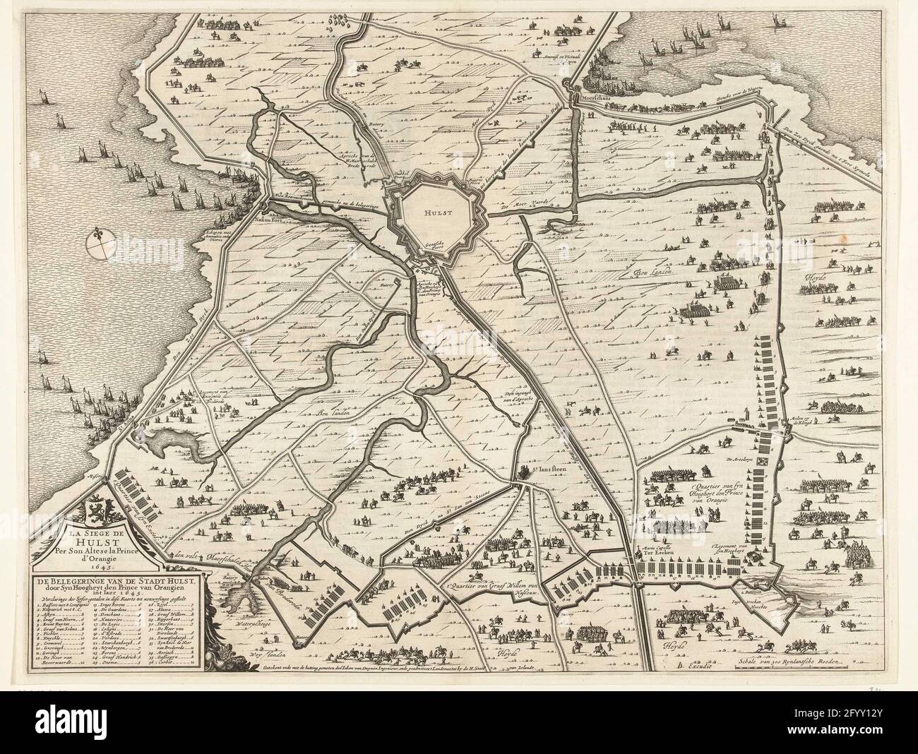 Siège Van Hulst par Frederik Hendrik, 1645; siège du Stadt Hulst par Syn Hoogheyt den Prince par Orangien int IEER 1645 / la Siège de Hulst par son Altesse la Prince d'Orangerie. Siège et conquête de Hulst par l'armée d'État sous la direction de Frederik Hendrik du 28 septembre au 5 novembre 1645. Plan de la ville de Hulst et du pays environnant avec les camps environnants et de l'armée des biestomères. En bas à gauche une cartouche avec la légende 1-26. En bas à droite d'un bâtonnet de mise à l'échelle : échelle de 300 tiges de Rynlantsche. Sur texte latin Verso. Peut-être fait partie à l'origine d'un ensemble non assemblé composé de Banque D'Images