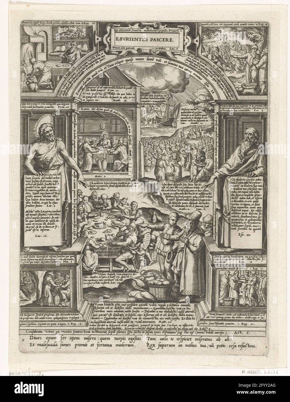 Nourrir la faim; Esurientes Pascere; les sept œuvres de miséricorde. Nourrir la faim comme la première des sept œuvres de miséricorde. Le spectacle est pris dans un cadre architectural avec un arc. Ci-dessus, en cartouche, le titre. Au milieu d'une grande table à laquelle les gens mangent; au premier plan un vieux et un jeune homme aux paniers avec des pains. En arrière-plan, la multiplication du pain (à droite) et le dernier souper (à gauche). Dans le cadre sur la gauche Christ dans une niche, qui tient une tablette sur laquelle les textes de Lucas 3 et Luc 16, et droite Ésaïe dans une niche avec une tablette sur laquelle le texte d'Ésaïe 32 Banque D'Images