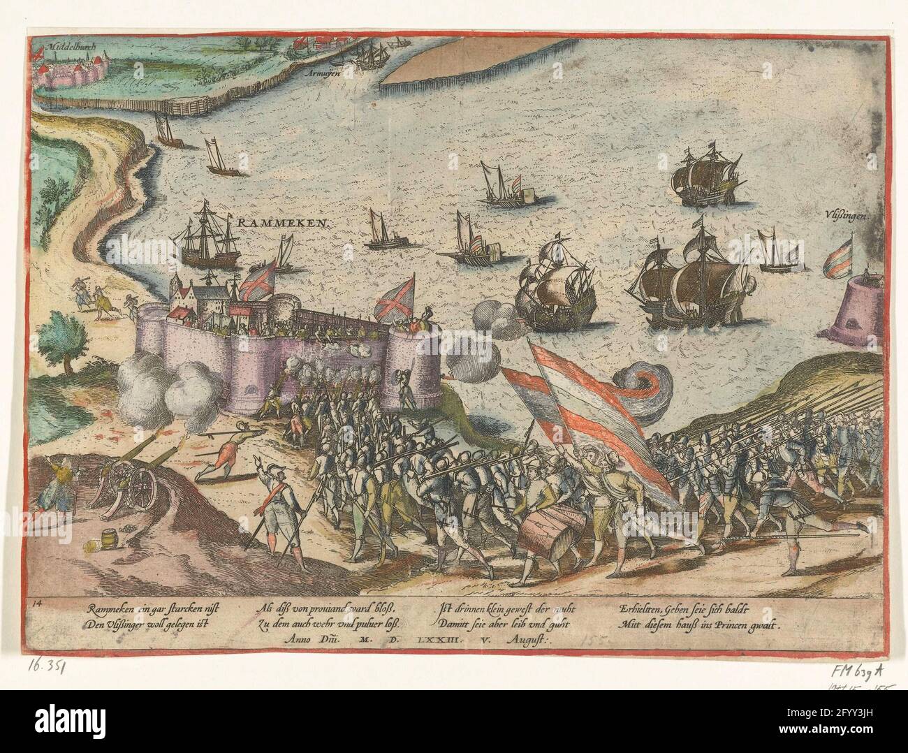 Fort Rammekens occupé, 1573. Fort Rammekens en Zélande occupé par les oies de l'eau sous l'ordre de Charles et Louis de Boisot, 5 août 1573. Avec légende de 8 règles en allemand. Numéroté : 14. Banque D'Images