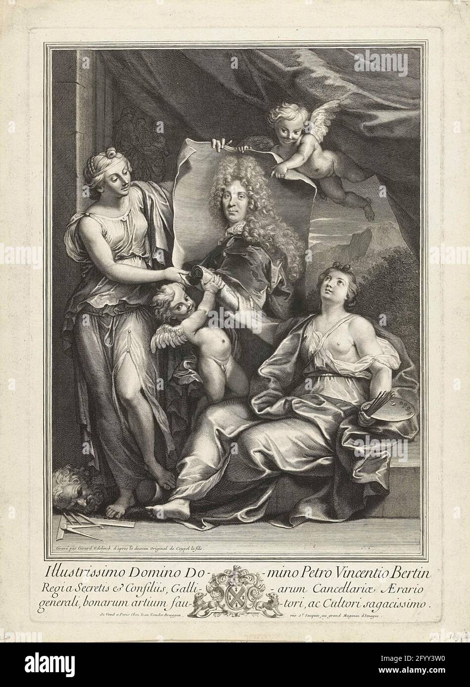 Portrait de Pierre Vincent Bertin. Deux femmes comme la peinture des personnifications et la sculpture roulent avec deux putti un portrait de Pierre Vincent Bertin (1653-1711). Dans la marge trois règles en latin, entre lesquelles une arme avec deux lions. Banque D'Images