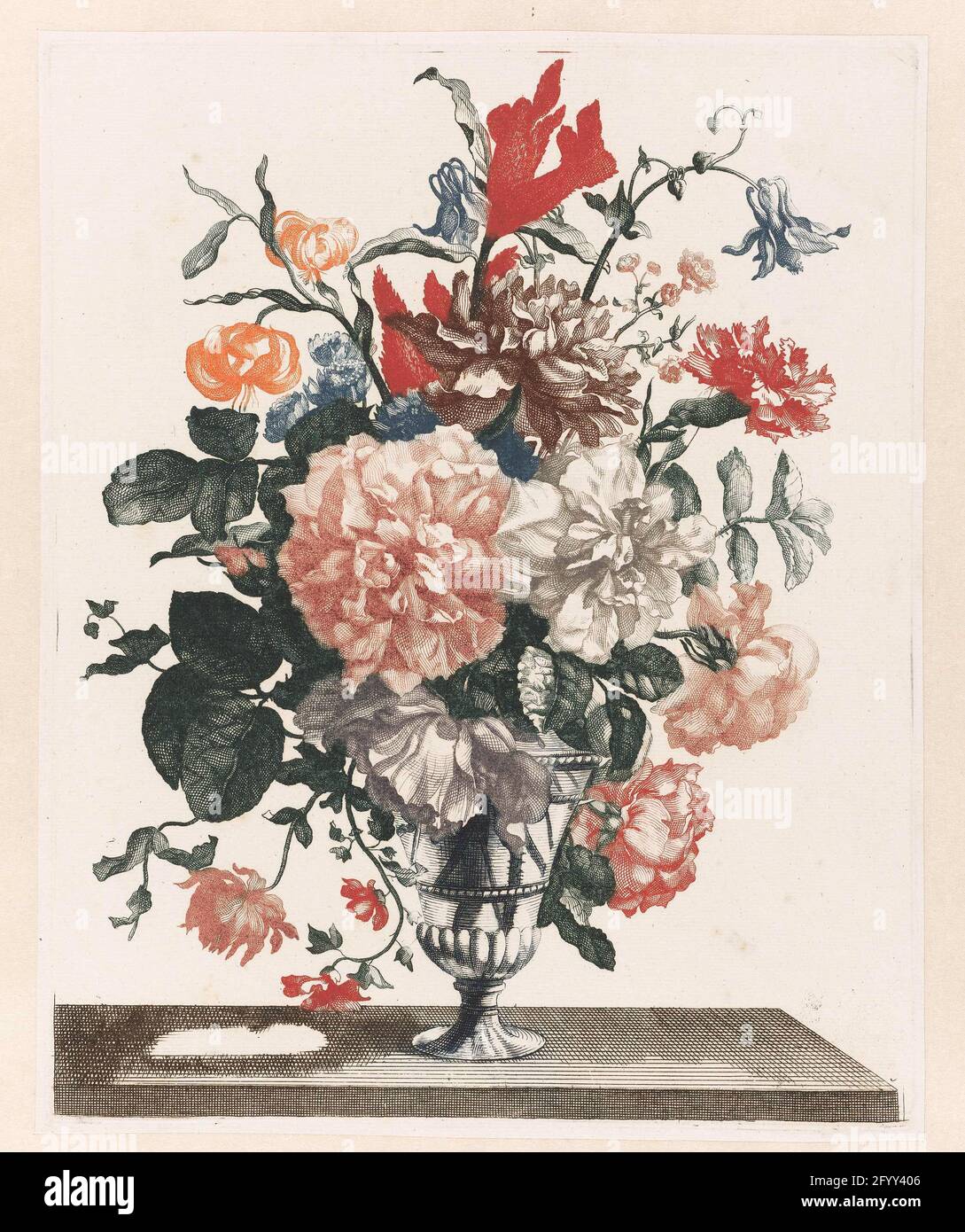 Cinq tirages de fleurs dans des vases en verre. Johannes Teyler de Nimègue a été éduqué en tant que philosophe et mathématicien, mais a également travaillé plus tard en tant qu'ingénieur militaire. Il a inventé une méthode pour imprimer des impressions en couleur, pour laquelle il a reçu un brevet en 1688. Les couleurs devaient être appliquées à la plaque de cuivre à la main pour chaque impression individuelle. Parce que ce processus était très exigeant en main-d'œuvre, son processus d'impression couleur a trouvé peu de suivi. Banque D'Images