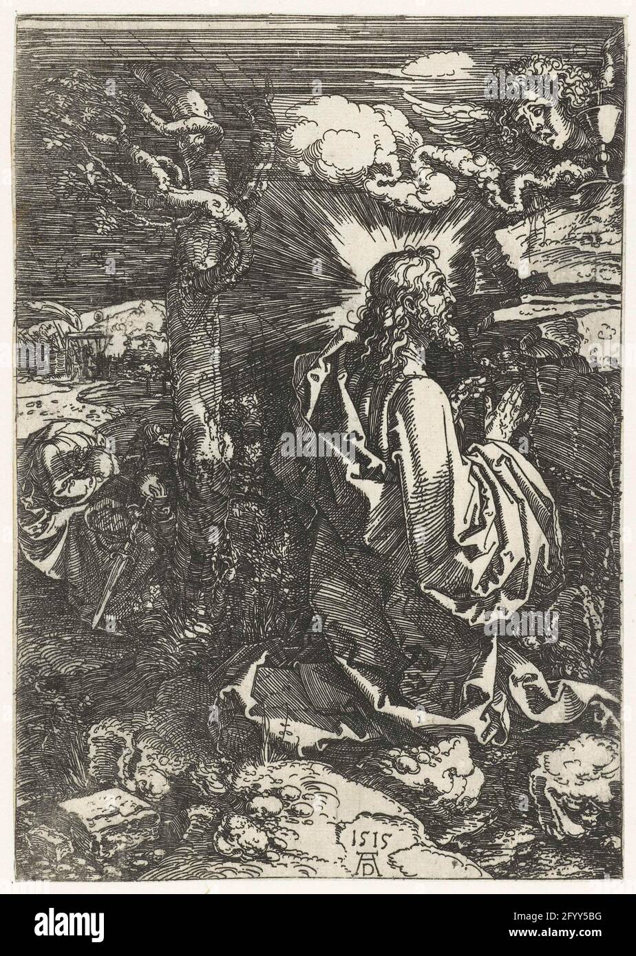 Christ sur l'olivier. Le Christ prie un rocher dans la cour de Getemane, tout en laissant les disciples derrière lui. Banque D'Images
