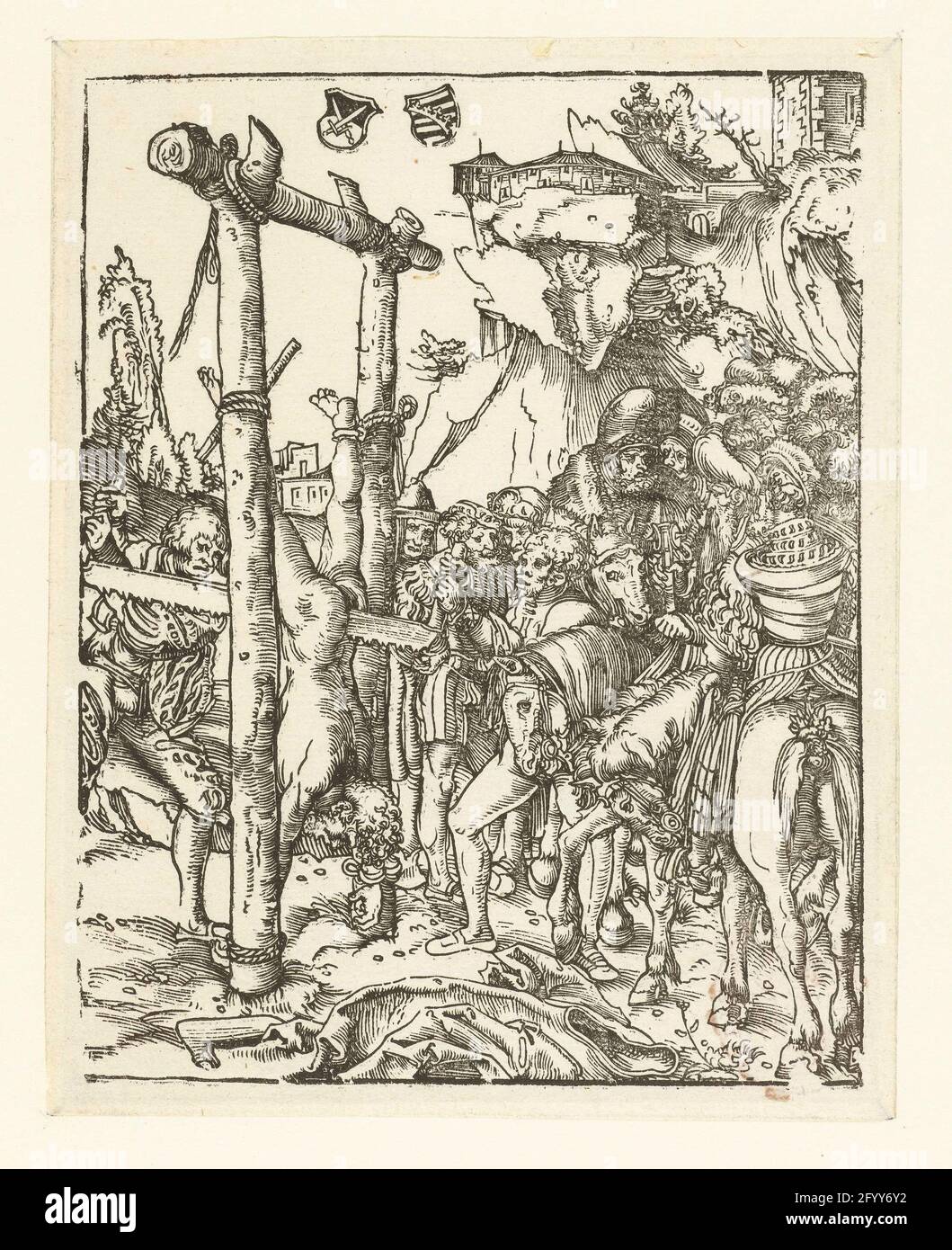 Simon Zelotes scia en deux ; martyre de douze apôtres. L'apôtre Simon Zelotes est coupé en deux alors qu'il est attaché avec sa tête à une construction de poteaux en bois. Deux hommes tiennent la scie aux extrémités et la déplacent vers le haut et vers le bas à la coque du saint. Les hommes à cheval et les soldats sont témoins de cette torture. Les bâtiments sur les rochers sont en arrière-plan. Au milieu au-dessus de deux boucliers sont montrés avec l'arme judiciaire et ducale de Saxe. Banque D'Images