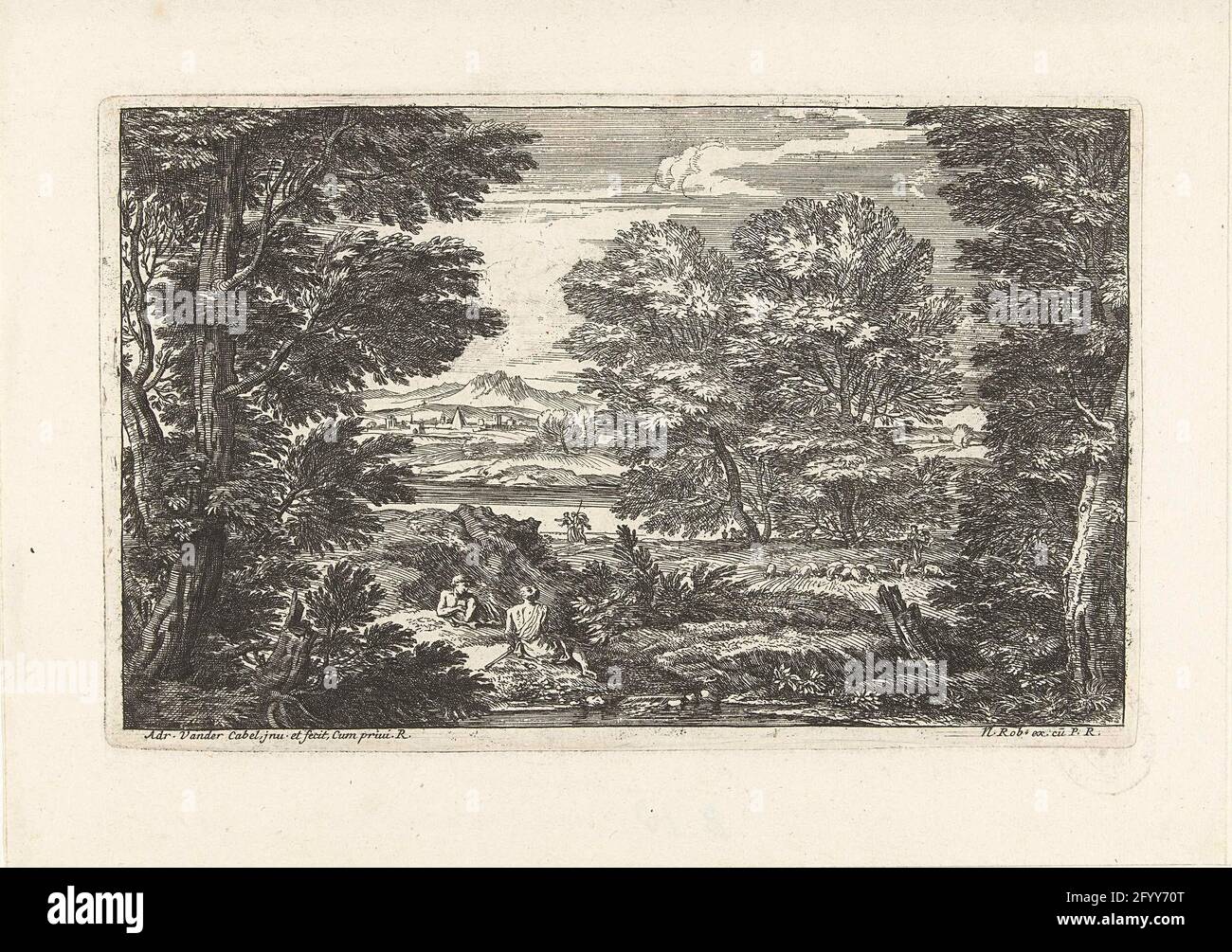 Paysage avec deux personnes en face l'une de l'autre; Paysage avec berger avec troupeau; paysages, deux séries. Paysage avec deux personnes au premier plan, dont une vue à l'arrière, l'une en face de l'autre au bord d'un lac. Un peu plus bas dans un berger et en arrière-plan deux personnes marchant le long d'une rivière. Cinquième impression de la série six. Banque D'Images