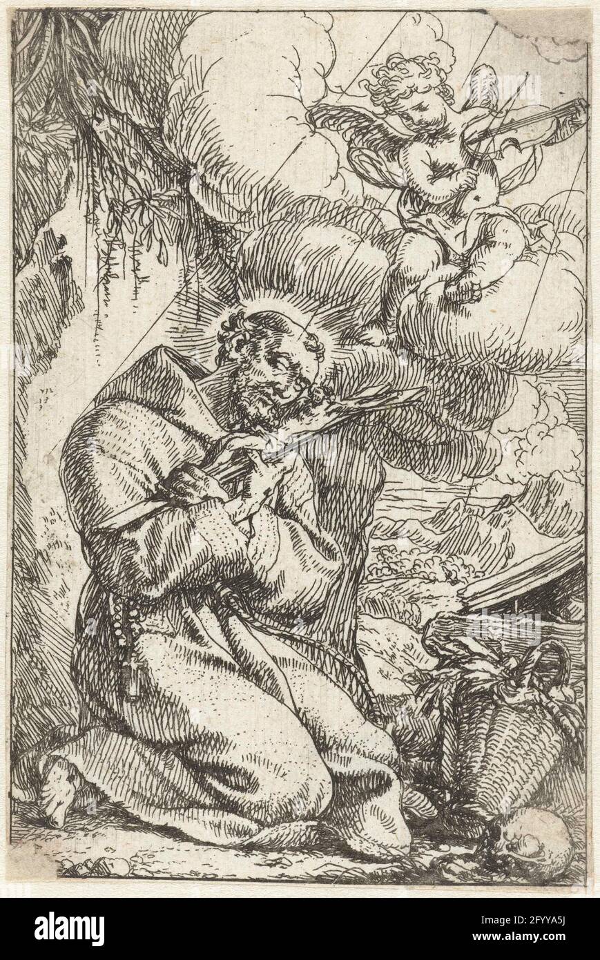 Saint François la Croix Kissing; Saint Hieronymus la Croix Kissing. Saint François assis sur le sol dans un paysage, un crucifix dans ses bras. Sur un nuage dans le ciel un ange jouant sur un veed. Banque D'Images