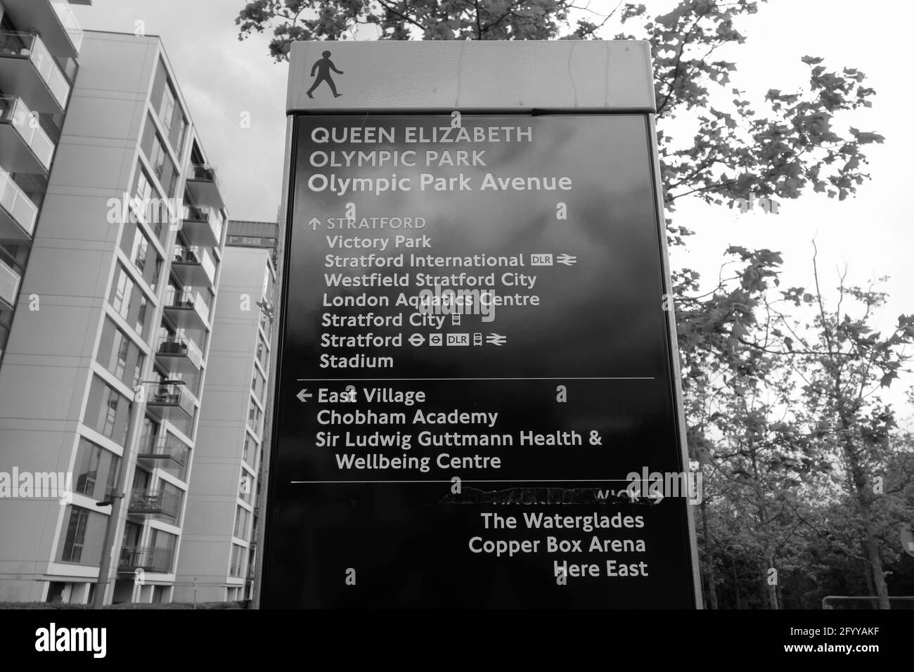 Signalisation du parc olympique Queen Elizabeth, Stratford, Londres. Banque D'Images