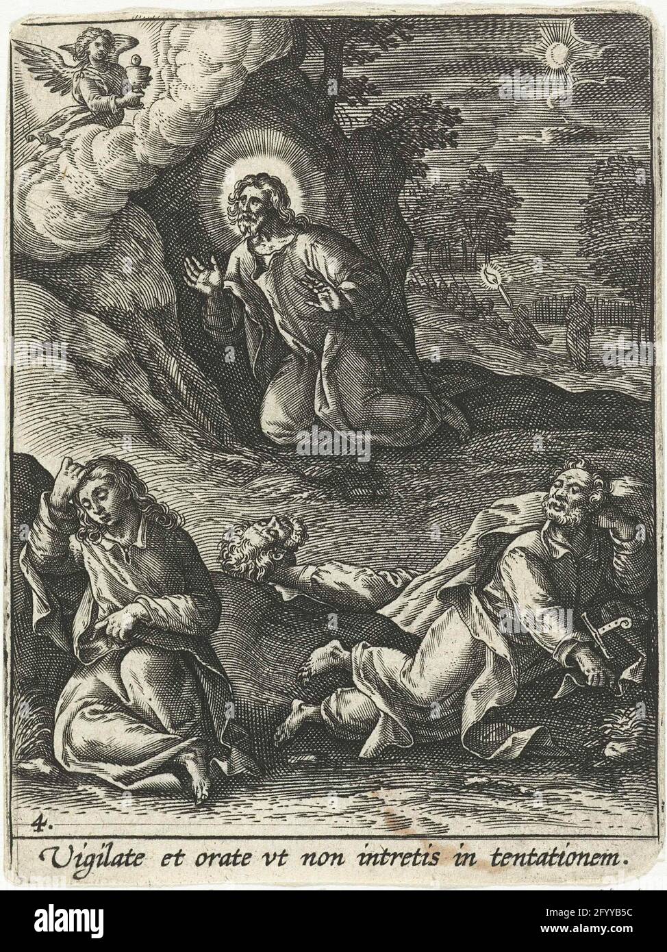 Christ dans la cour des olives; passion et résurrection du Christ; Passio et resdrrectio D.N. IESV Christi. Le Christ prie Dieu à la cour des olives. Ses étudiants sont dans l'intervalle. Un ange apparaît dans les nuages. L'impression comporte une légende latine Banque D'Images