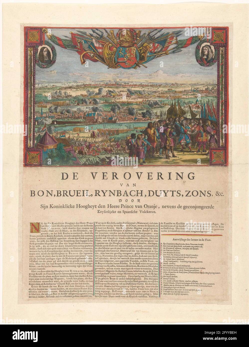 Conquête de Bonn et d'autres villes allemandes par le prince d'Orange, 1673; conquête de bon, Brueil, Rynbach, Duyts, Soleil, Et C. by sijn Kanelicke Hoogheyt Den Heere Prince Van Oranje, en plus du conjugué Keyserlijcke et Spaansche Volckeren. Conquête de Bonn, Rheinbach, Brühl et d'autres villes allemandes par le prince d'Orange, 1673. Vue sur les villes allemandes sur le Rhin dans un point de vue d'oiseau. Au premier plan à droite, le Prince Willem III et le comte Montecuccoli se félicitent mutuellement. Au sommet d'un trophée militaire autour de l'arme du prince, a laissé un portrait de la TH Banque D'Images