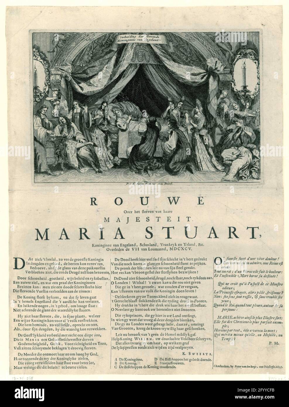La mort de la reine Maria, épouse de Willem III, 1695; imagination de la reine mourante d'Anglais; Rouwe sur la mort Haare Majesté Maria Stuart, reine d'Angleterre, Écosse, Vrankryk et Yrland, et c. Mort le VII de Loumaand, MDCXCV. Feuille avec une représentation de la mort de la reine Maria II Stuart, épouse de Willem III, le 7 janvier 1695. Lit de la mort de la reine, entouré de membres de la famille en deuil et de membres du tribunal. Sous le spectacle un treurdicht en néerlandais par Cornelis Sweerts, en face d'un court français fraîchement signé P.M. l'impression fait partie d'un groupe de trois imprimés sur la mort de Maria Stuart, Banque D'Images