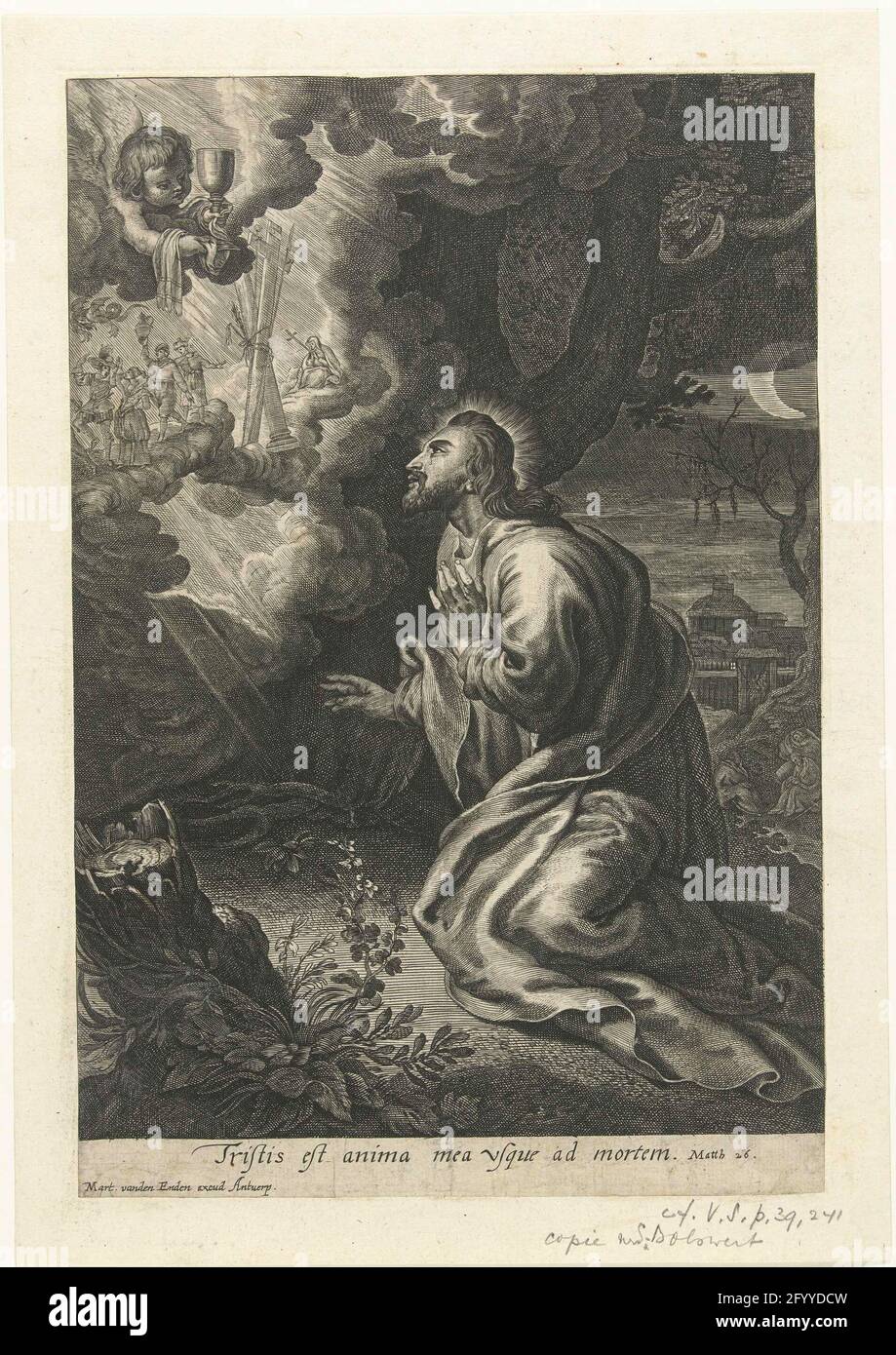 Christ dans la cour des olives. Le Christ s'agenouille dans la cour des olives et voit quelle souffrance lui reste par la vie lâche de l'humanité. Il y a une citation de Matthieu 26 sous le spectacle. Banque D'Images