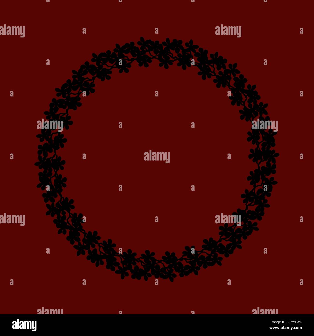 Couronne de fleurs colorées. Couronne délicate de branches de sakura. Fleurs fleuries dessinées à la main, cadre circulaire de couleurs noires fleurs sur fond bordeaux. Banque D'Images