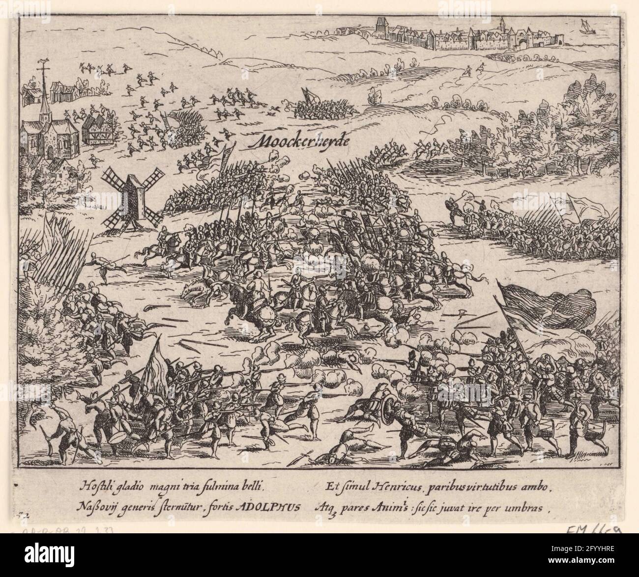 Bataille sur le Mookerheide, 1574; Moockerheyde. Bataille sur le Mookerheide, 14 avril 1574. Bataille entre l'armée des insurgés sous le commandement de Louis et Hendrik van Nassau et l'armée espagnole parmi les Veldheren d'Avila, Mendoza et Mondragon. En haut à gauche Nijmegen, à droite Mook. Avec légende de 4 lignes en latin. Numéroté : 52. Imprimé au dos avec texte en latin. Banque D'Images