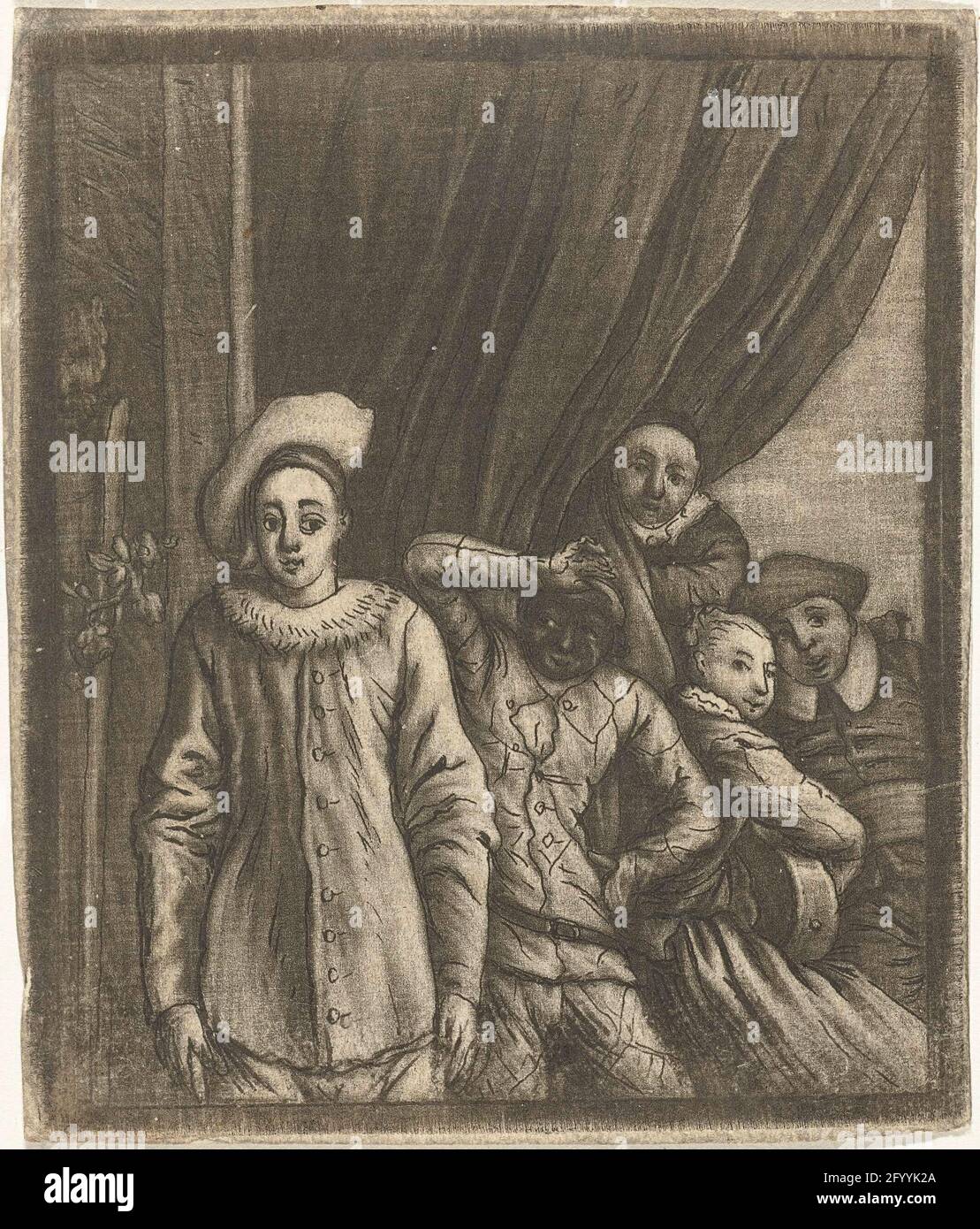 Pierrot et Harlekijn, environ 1700. Commedia dell'Arte personnages Pierrot et Harlequin, en arrière-plan un groupe de personnes comprenant un joueur de guitare à un rideau, probablement Colombina et pantalone. Banque D'Images