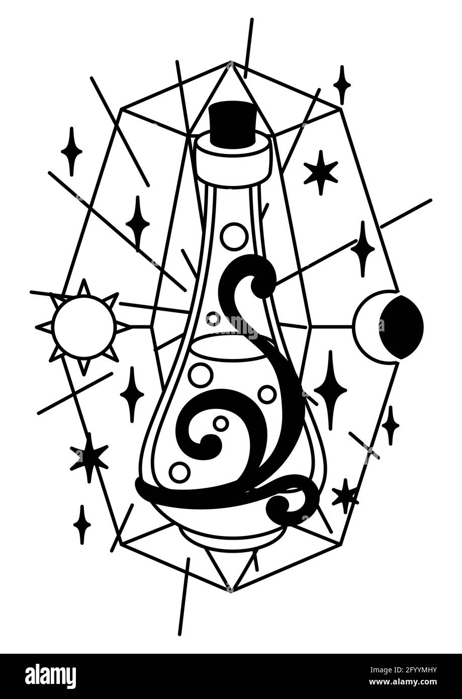 Illustration magique avec élixir. Mystic, alchimie, spiritualité et art du tatouage Illustration de Vecteur