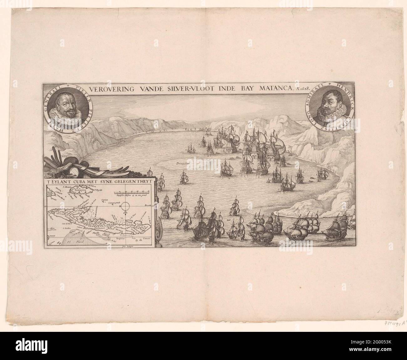 Conquête de la flotte d'argent dans la baie de Matanzas par Admiraal Piet Heyn, 1628; conquête de la flotte d'argent à Bay Matanca, A.O 1628. Conquérir la flotte d'argent dans la baie de Matanzas par une flotte de la WIC sous le commandement d'Admiraal Piet Heyn, le 8 septembre 1628. En bas à gauche une carte de l'île de Cuba. Au sommet de Round Portraits d'Admirals Hendrick Cornelisz. LONCQ et Piet Heyn (nouveau portrait). Banque D'Images