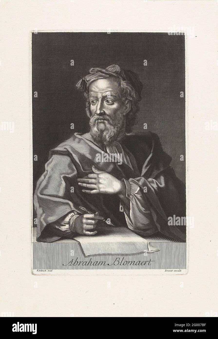 Portrait d'Abraham Bloemaert; Abraham Blomaert. Portrait du peintre hollandais Abraham Bloemaert (1564-1651), représenté de moitié avec la main gauche à la poitrine et un crayon à droite. Banque D'Images