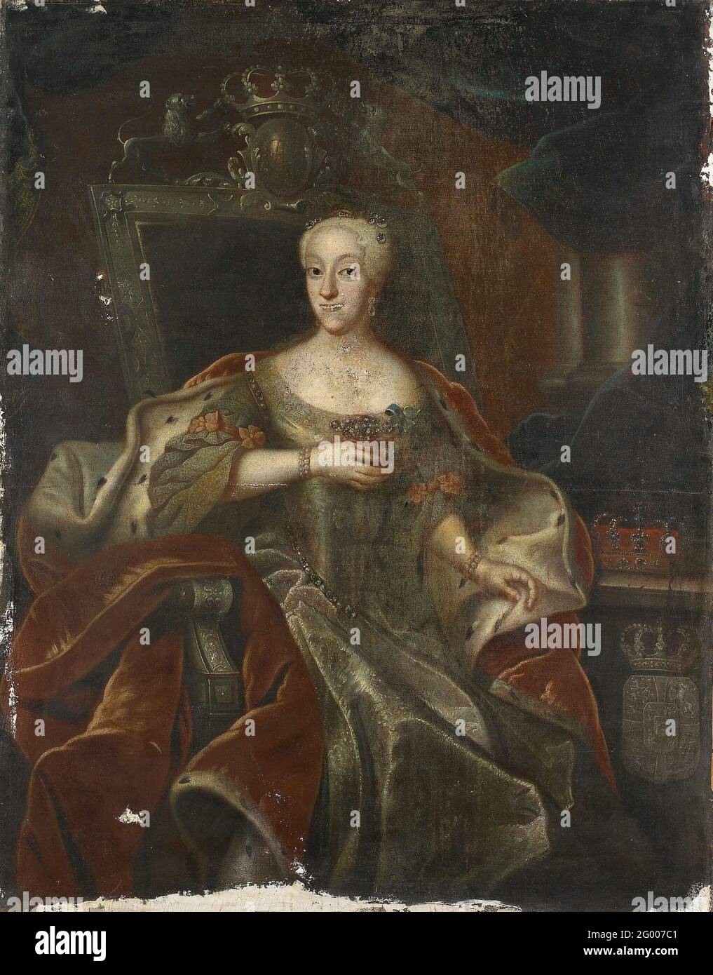 Portrait de la princesse Charlotte Amalie, fille ou Frederick IV, roi du Danemark. Portrait de Charlotte Amalie (1706-82), fille de Frederik IV, roi du Danemark. TRICOP, assis sur un trône, dans une veste de fusion, avec la main droite avant la poitrine. Banque D'Images