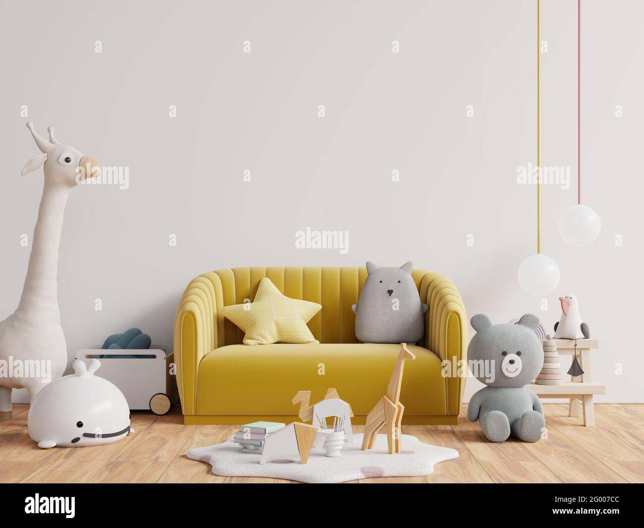 Mur maquette dans la chambre des enfants avec canapé jaune Fond de paroi blanc vide.rendu 3D Banque D'Images