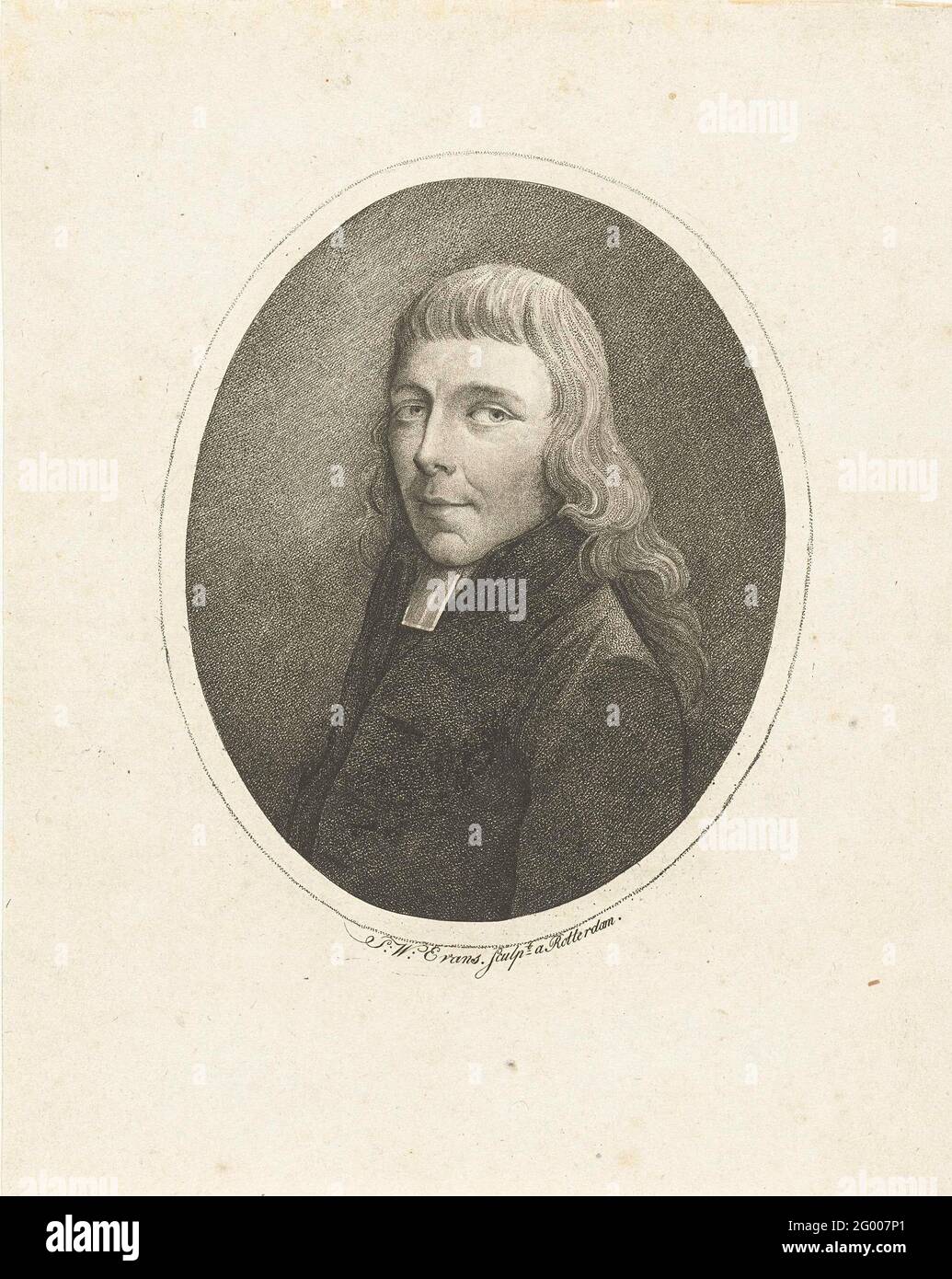 Portrait du prédicateur G.J. Arbre. Portrait ovale en buste du prédicateur Godefridus Johannes Schacht, représenté avec des cheveux longs, vêtu d'une veste noire avec du bef blanc. Banque D'Images