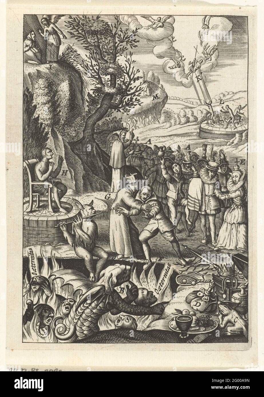 Emblème avec évêque qui protège un homme contre les tentations d'un diable; Den wech des Century Life. Un homme se tient sur le bord de l'abîme au purgatoire et est attiré par le diable avec la richesse et l'abondance. Cependant, un évêque l'opte. Derrière l'homme une procession suit les hommes et les femmes qui sont condamnés au purgatoire. Banque D'Images