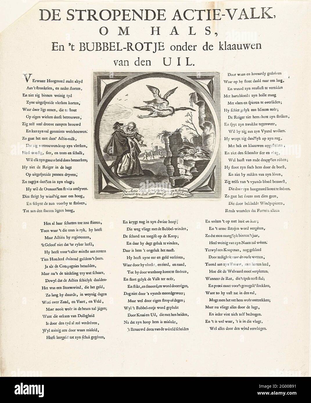 Mort de la barre d'action, 1720; le faucon d'action de cerclage, au cou, et  la bulle-crête sous les rabats de la chouette; la grande scène de folie.  Emblème dans lequel un faucon (