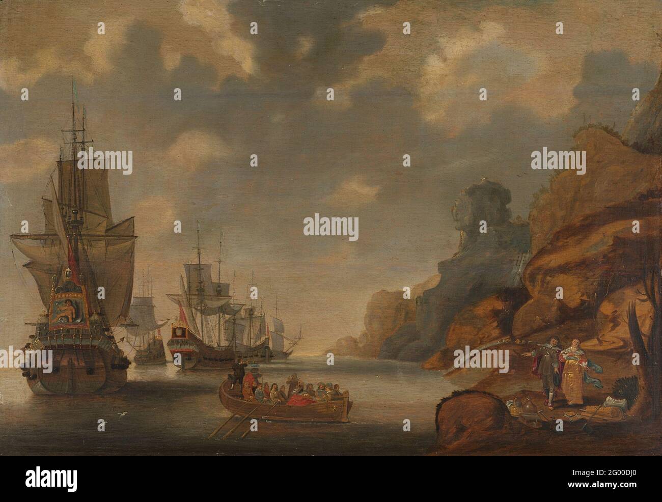 Un escadron français près D'UNE côte des Rocheuses. Un escadron de guerre français sur une côte rocheuse. Une boucle de lignes des navires à la côte. Comparer des performances identiques SK-A-2674. Banque D'Images
