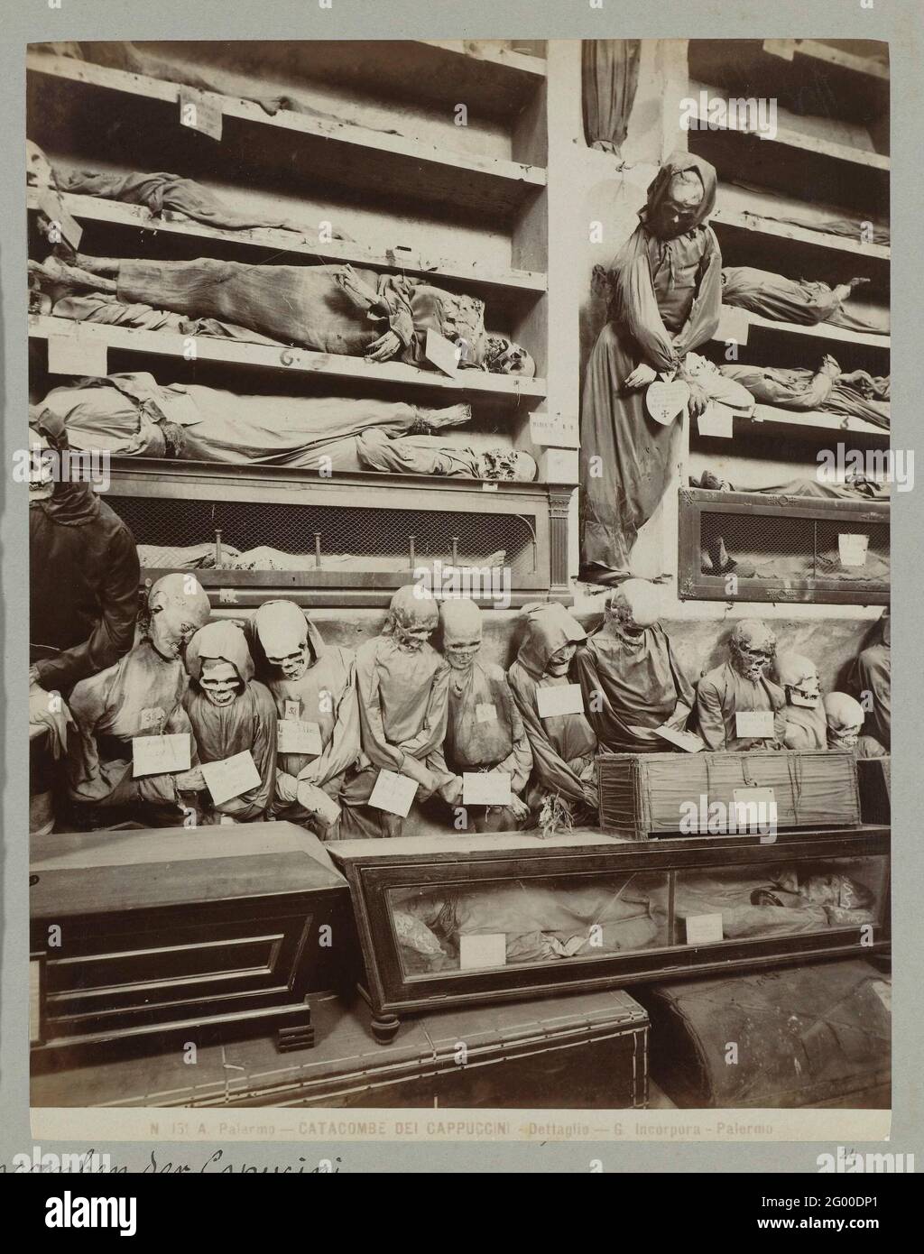 N 154 Palerme, Catacomben del Cappuccini, dettaglio; Palerme les Catacombes de Capucini. Les catacombes des moines Capuchins avec les corps des moines décédés sur les murs des catacombes. Banque D'Images