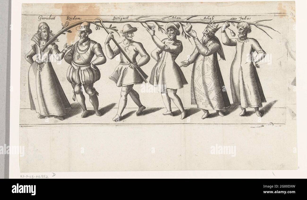 Procession à travers le Rederijkerskamer de Haselieren de Hazerswoude Dorp (quatrième partie), 1607; l'apparition d'Aedwaertswoude verthabas. Procession du Rederijkerskamer de Hasilieren de Hazerswoude Dorp, au Rederijkersfeest du 22 octobre 1607 à Haarlem. Quatrième partie : six figures allégoriques et bibliques sur le thème. Banque D'Images