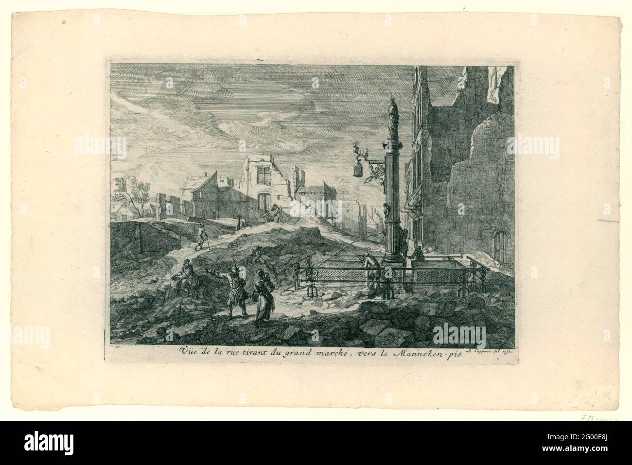 Ruines dans une rue de la Grote Markt au Manneken Pis à Bruxelles, 1695; vue de la rue tirant du Grand marché, le Manneken-Pis frais; Perspectives des ruines de la ville de Bruxelles. Présentation des ruines dans une rue de la Grote Markt au Manneken Pis à Bruxelles après l'attentat à la bombe par les Français, le 13-15 août 1695. Septième impression dans la série de douze. Banque D'Images