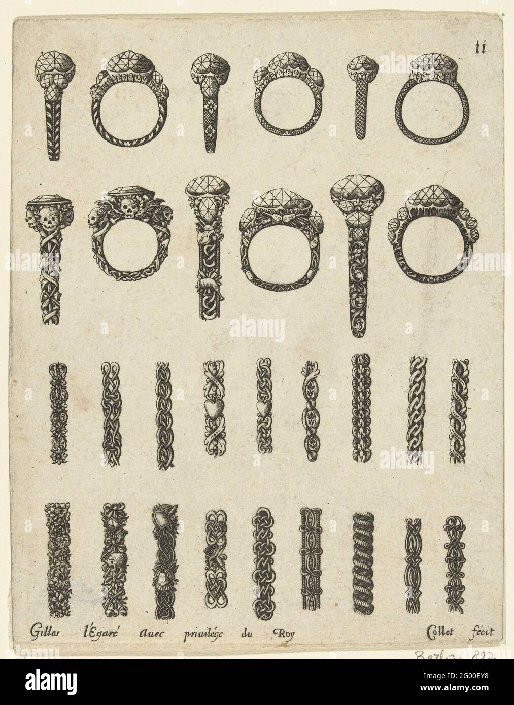 Bagues et anneaux d'épaule; dessins pour bijoux. Quatre rangées, deux avec  trois anneaux représentés par l'avant et de côté et deux avec neuf motifs  pour l'épaulement de l'anneau. L'impression est numérotée :