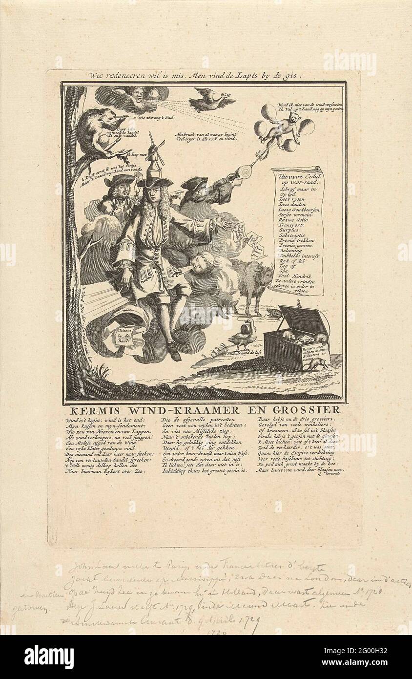 Un marchand d'éoliennes est assis sur un sac d'actions qui n'est tenu élevé que par le vent, 1720; Kermis Wind-stall et le grossiste; la grande scène de la folie. Un moulin à vent avec un moulin à vent sur sa tête est assis sur un sac de parts qui est seulement tenu par le vent élevé, 1720. Gauche dans l'arbre UN singe avec des jumelles, droite vole un chat avec des ballons à ses jambes par l'air. Dans la légende un verset en néerlandais. Imprimer 4 dans la série de la grande scène de folie avec les cartouches au 1820 wind trade. Banque D'Images