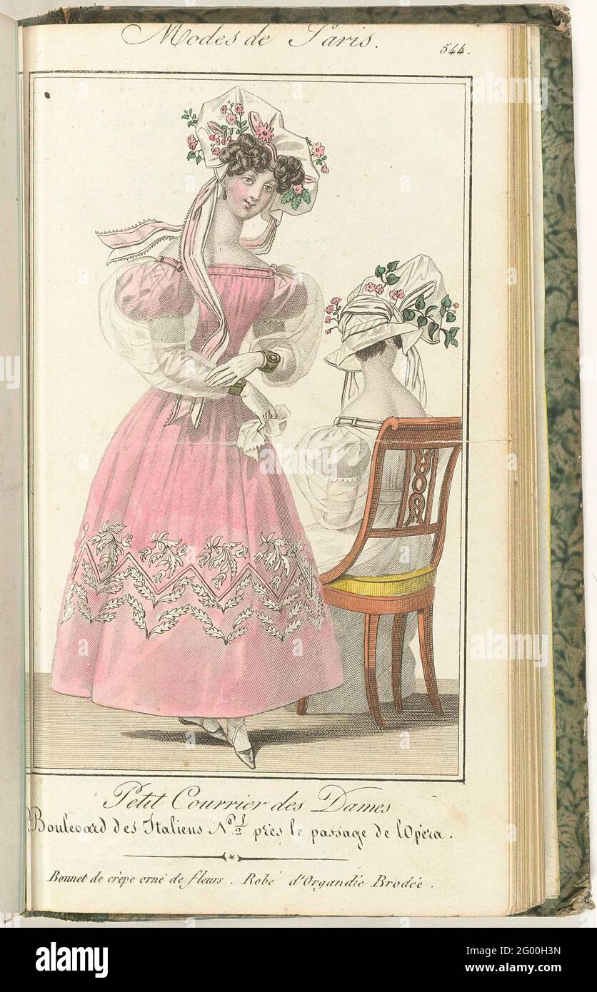 Petit courrier des Ladies, 1828, No. 544: Bonnet de crêpe Orné de fleurs  .... femme debout vêtue d'une blague de rose organed brodée avec un motif  feuille. Manches courtes bouffantes sur lesquelles