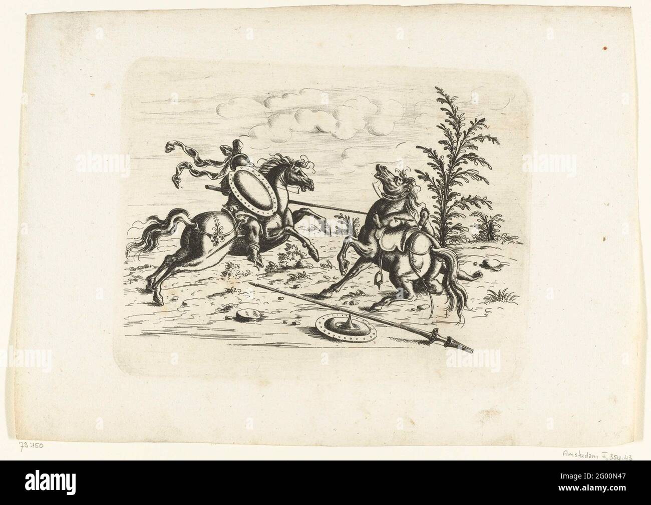 Paysage avec un combat équestre entre deux putti; Das Neuw Grottesken Buch Nürnberg 1610; Leaf of the 'Neu Grotesken Buch' 1610. Feuille d'une série de décorations plates avec des grotesken, des cartouts, des ovales, des mascarons, des putti et des êtres fantastiques. La série se compose de trois feuilles de titre, de deux feuilles de texte avec l'affectation et la préface et de 60 feuilles, réparties sur trois livres. Banque D'Images