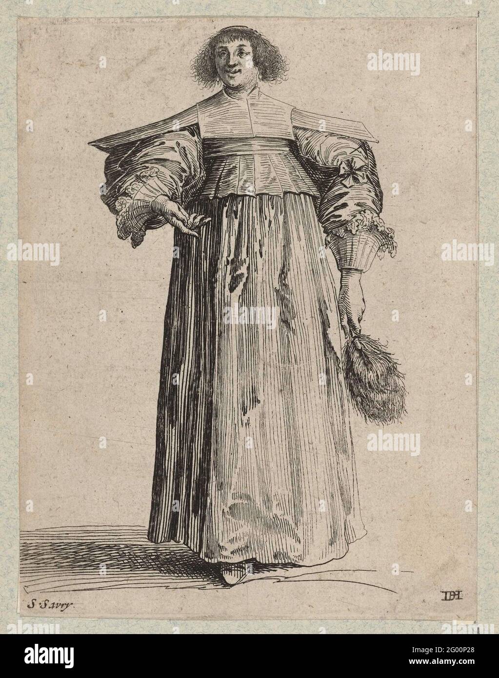 Femme habillée selon la mode vers 1620, avec un ventilateur de bâton de  plumes. Femme richement habillée selon la mode vers 1620, vue de l'avant.  Elle porte une robe à col plat