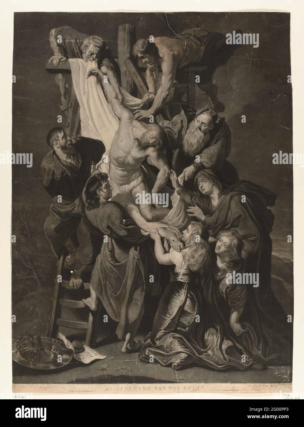 Annulation croisée ; conclusion de la croix. Le corps du Christ est recueilli par Joseph d'Arimatea et Nikodemus de la Croix. John s'occupe du cadavre, aidé par les trois Maria. Deux autres hommes aident également. Au premier plan, les épines et les clous. Banque D'Images