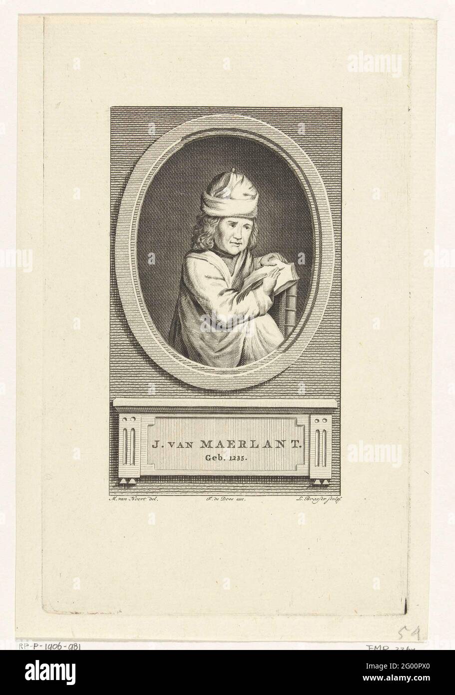 Portrait de Jacob van Maerlant; J. Van Maerlant. Portrait du poète Jacob de Maerlant, assis sur une chaise dans une attitude tournée tandis qu'il écrit avec une plume d'oie dans un livre qui repose sur le dossier. Banque D'Images