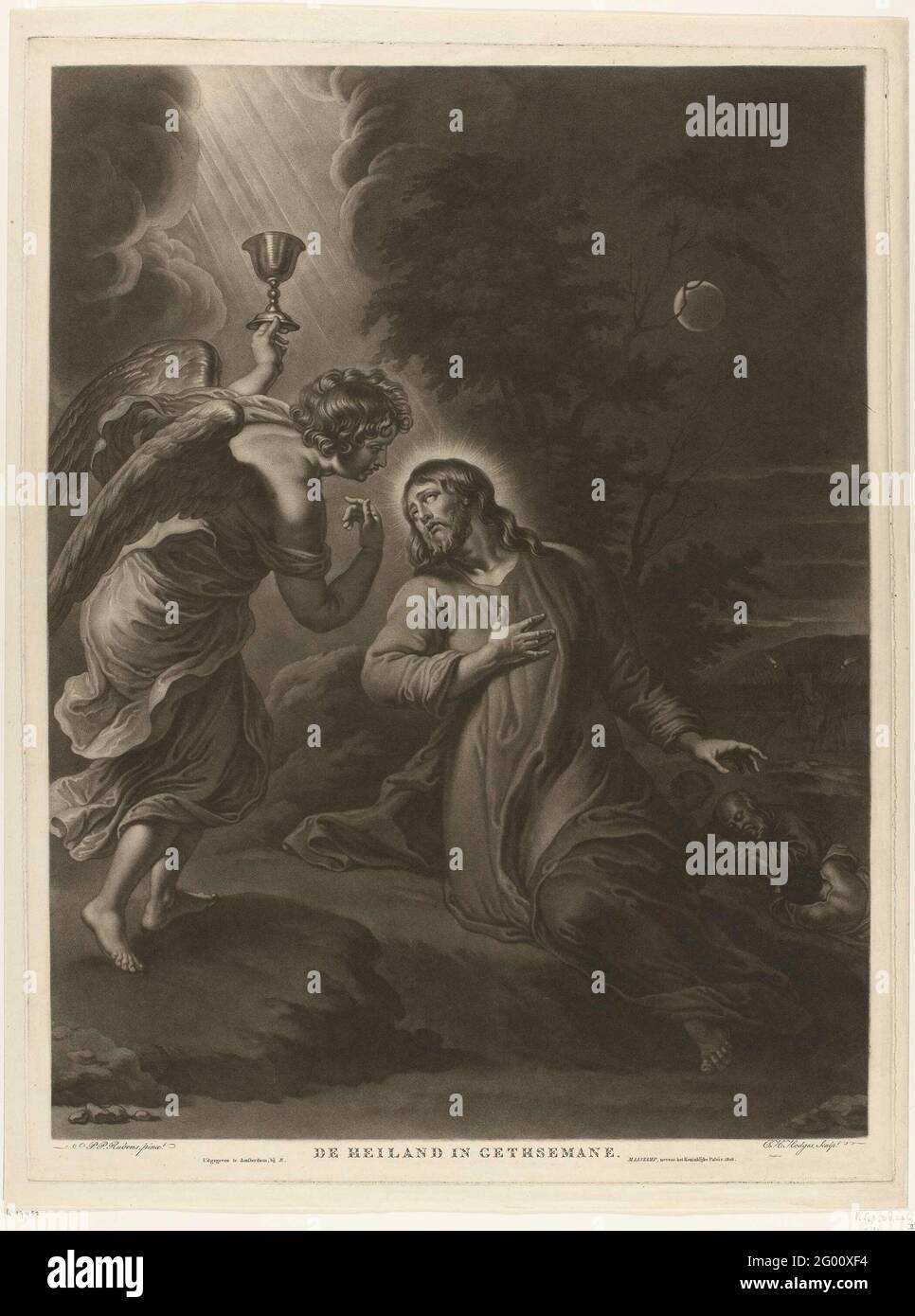 Christ dans la cour de Getemane; le Sauveur dans Gethsemane .. Christ prie Dieu dans la cour de Getemane et obtient une vision. Un ange apparaît dans le ciel nuageux avec un but. En arrière-plan, deux de ses étudiants sont à dormir. Banque D'Images