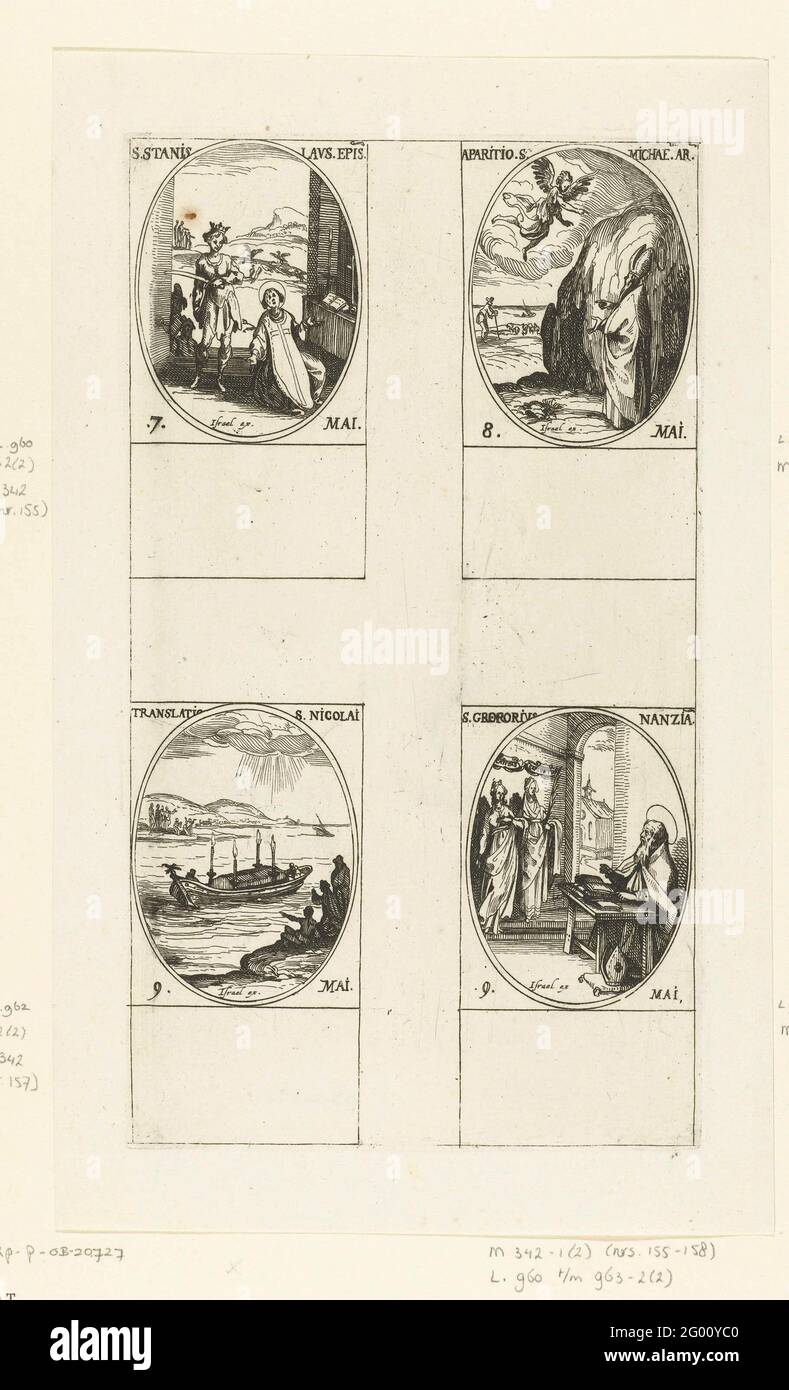 Saint Stanislaus de Cracovie, Archange Michael, Traduction de Nicolaas des restes de Myra, Saint Grégoire de Nazianze de Jero personne (7-9 mai); tous les saints et les fêtes chrétiennes de l'année. Feuille avec quatre représentations ovales, chacune avec inscription et date en latin: Au-dessus du Saint Stanislaus de Cracovie qui est attaqué par un roi pour un autel, en haut à droite l'apparition de l'Archange Michaël sur le Monte Gargano à Apulia un berger et un évêque, En bas à gauche du cercueil avec les restes matériels des Saint Nicolaas de Myra sur un bateau sur l'eau, à droite de la Saint Grégoire Banque D'Images